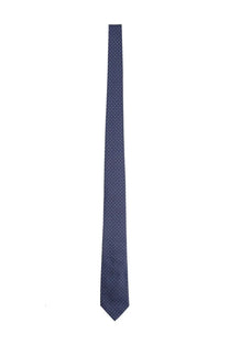 Ferragamo men’s silk tie in navy blue with a subtle pattern of small white dots for formal wear