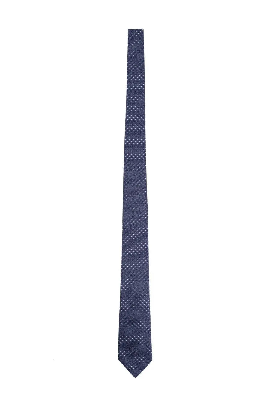 Ferragamo men’s silk tie in navy blue with a subtle pattern of small white dots