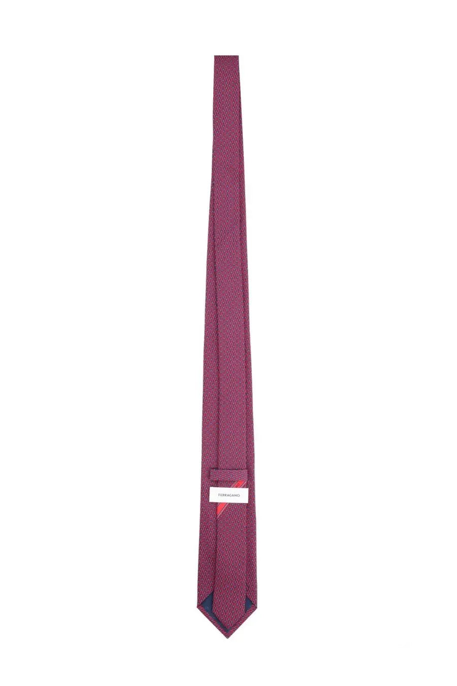 Ferragamo men’s silk tie burgundy with subtle textured pattern and small white label near the bottom