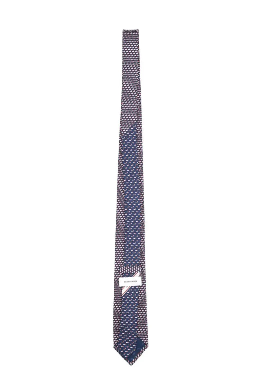 Ferragamo men’s navy blue silk tie with subtle multicolor geometric pattern woven texture and branded label