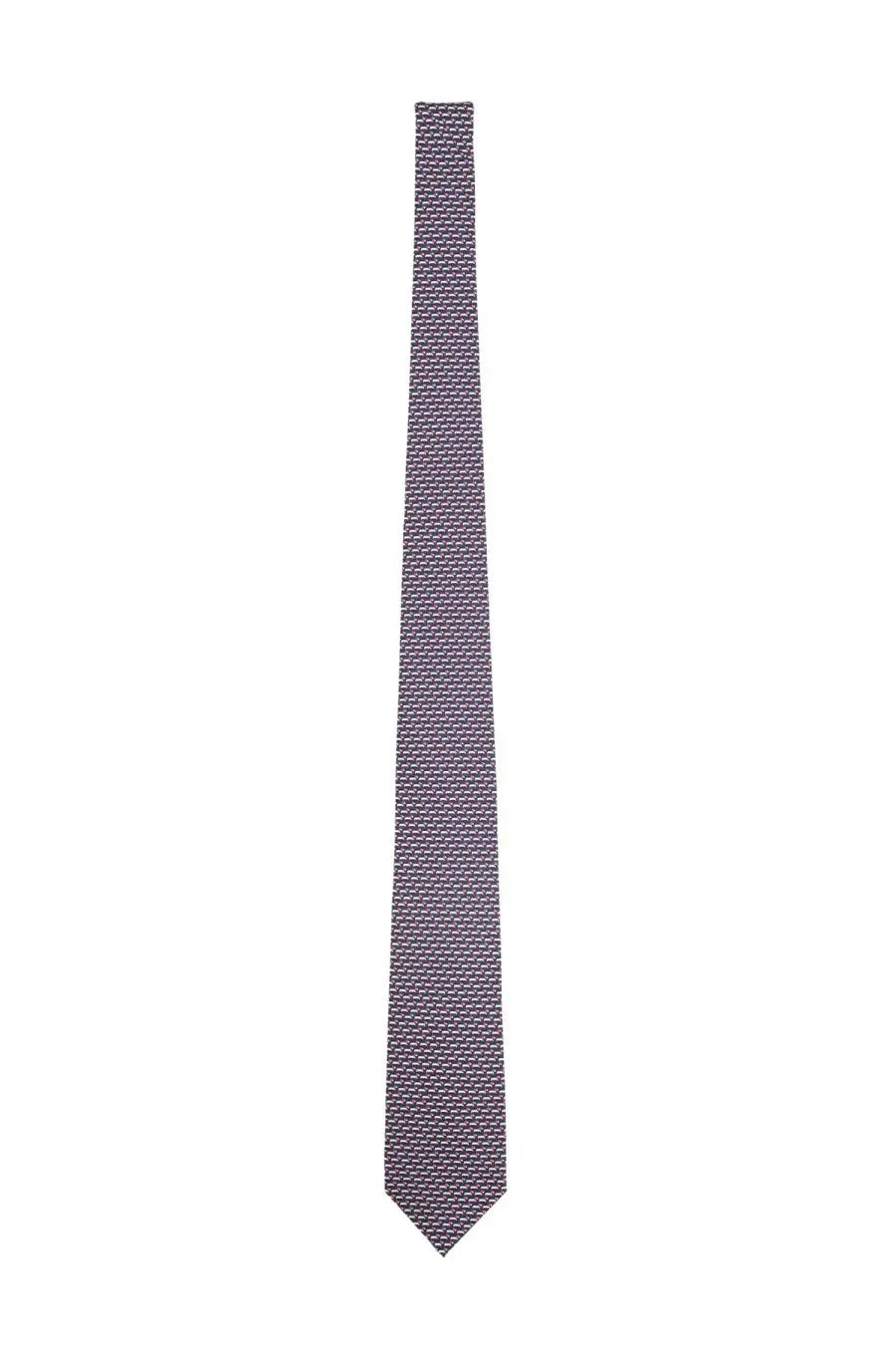 A sleek dark gray ferragamo men’s silk tie with a subtle repeating geometric pattern
