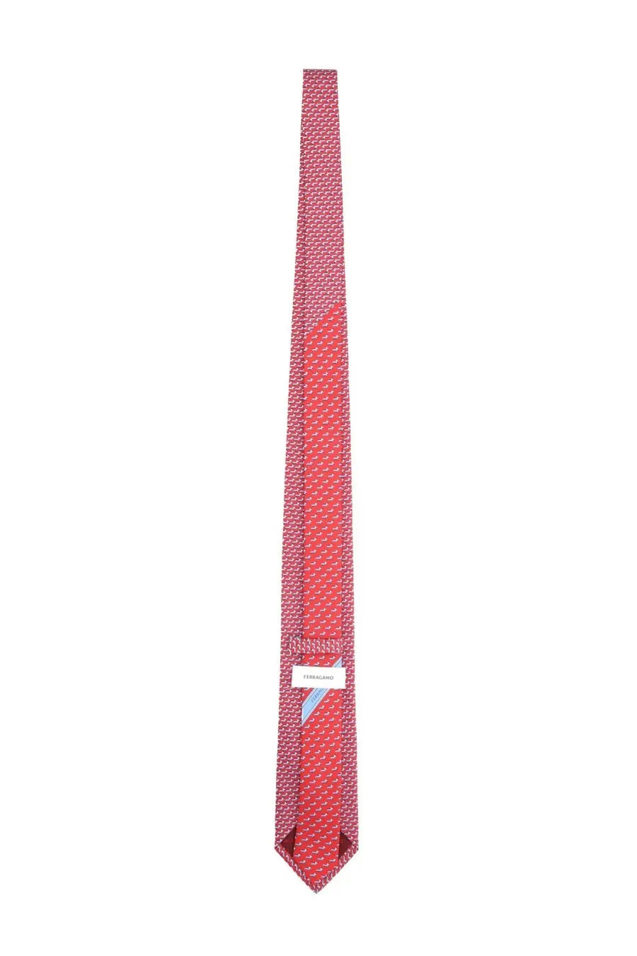 Ferragamo men’s red silk tie with a subtle geometric pattern and tissot brand label near the center