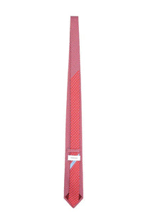 Ferragamo men’s red silk tie with a subtle geometric pattern and tissot brand label near the center