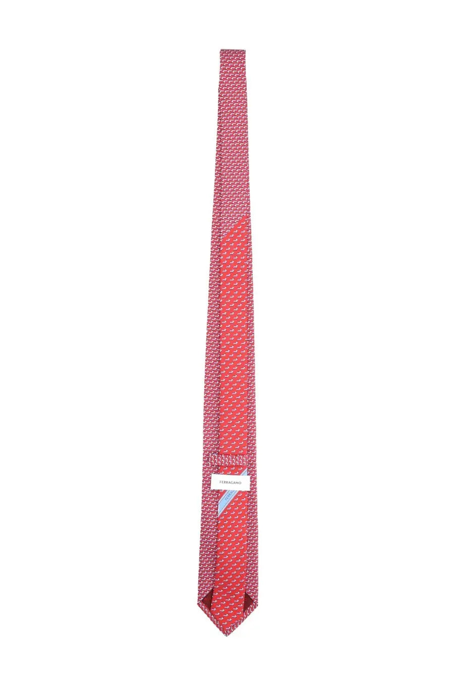 Ferragamo men’s silk tie red with a subtle geometric pattern and ferragamo brand label visible