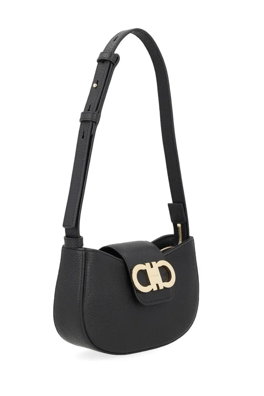 Ferragamo women’s black leather shoulder bag with gold-tone double G logo clasp for elegant everyday use