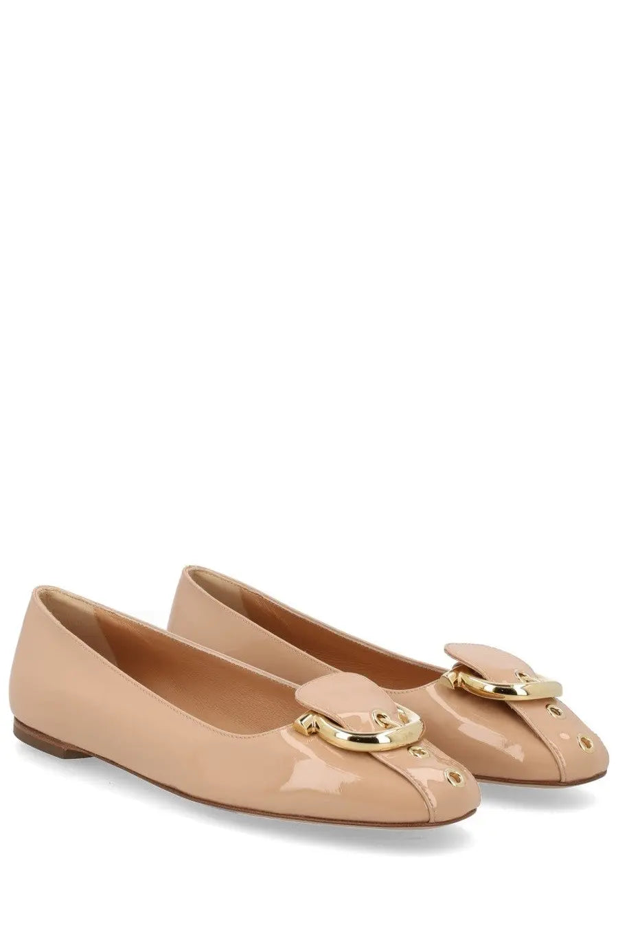 Beige patent leather Ferragamo women’s ballerina flats with gold-tone Gancini buckle detail
