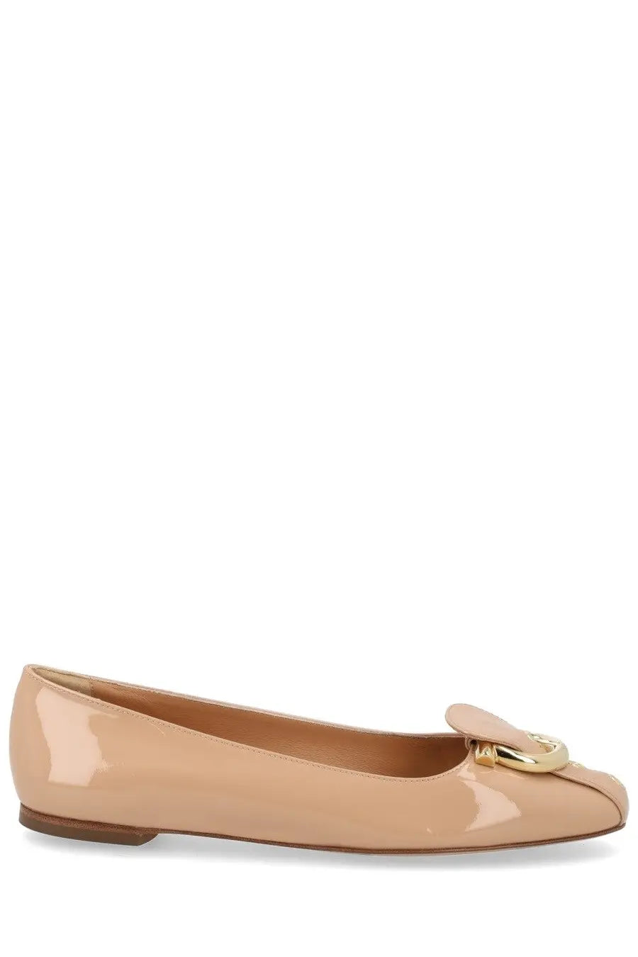 Ferragamo women’s ballerina beige patent leather flat shoe with gold tone gancini buckle detail at the toe