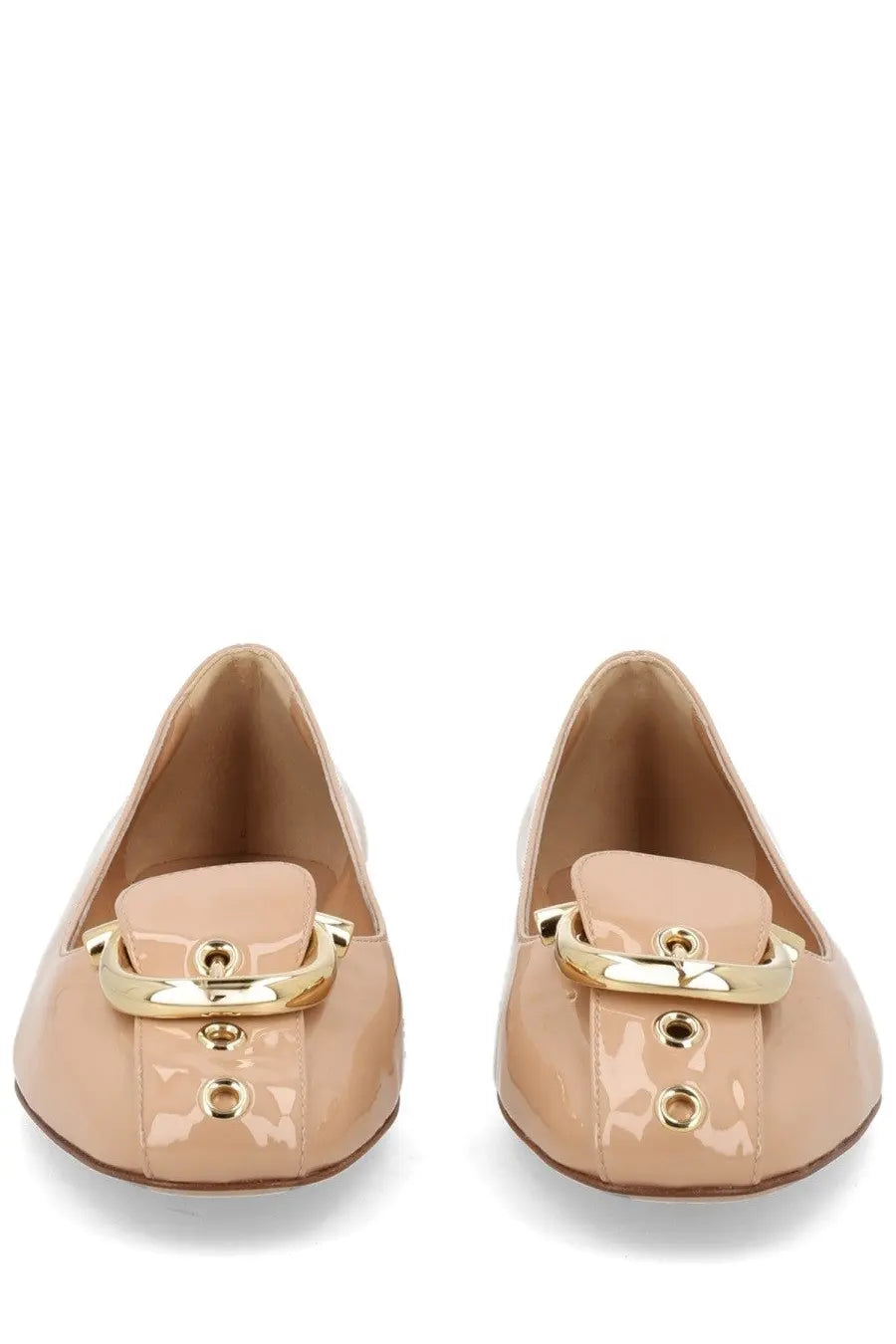 Ferragamo women’s ballerina beige patent leather loafers with gold-tone buckle and matching eyelets