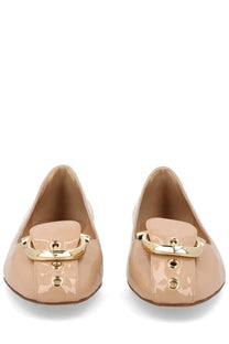 Ferragamo women’s ballerina beige patent leather loafers with gold-tone buckle and matching eyelets