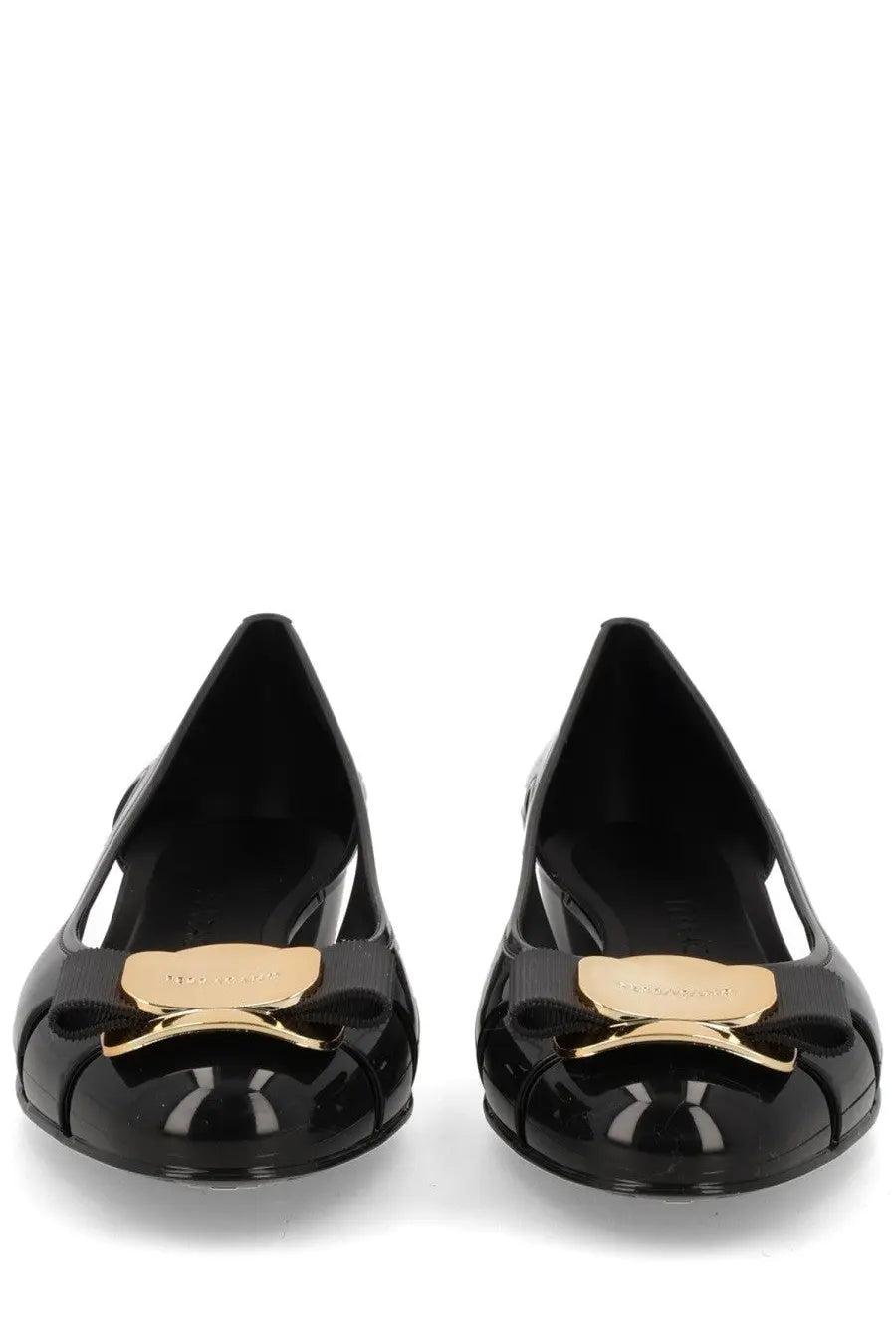 Ferragamo womens ballerina nara jelly black patent leather flats with gold tone bow accent on the front