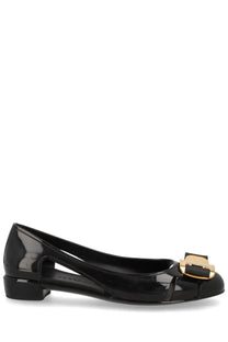 Ferragamo women’s ballerina nara jelly black patent leather ballet flat with gold-tone buckle accent