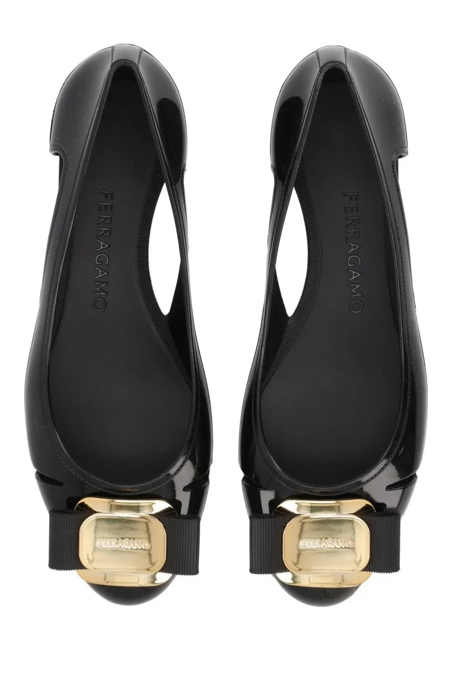 Ferragamo women’s ballerina nara jelly black patent leather flats with gold-tone buckle featuring brand logo
