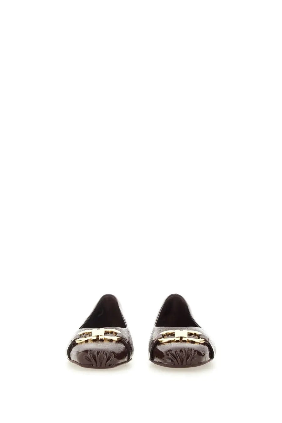 Ferragamo women’s ballerina ornament hooks red black patent leather loafers with gold-tone t-shaped buckle