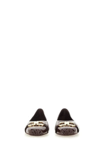 Ferragamo women’s ballerina ornament hooks red black patent leather loafers with gold-tone t-shaped buckle
