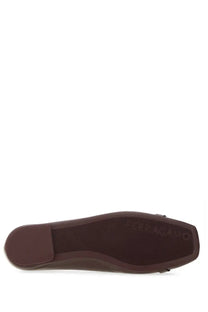 Brown leather ferragamo women’s ballerina ornament hooks flat shoe sole with embossed branding in red