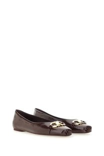 Ferragamo women’s ballerina flats in brown patent leather with gold-tone metal buckles detailed on the front