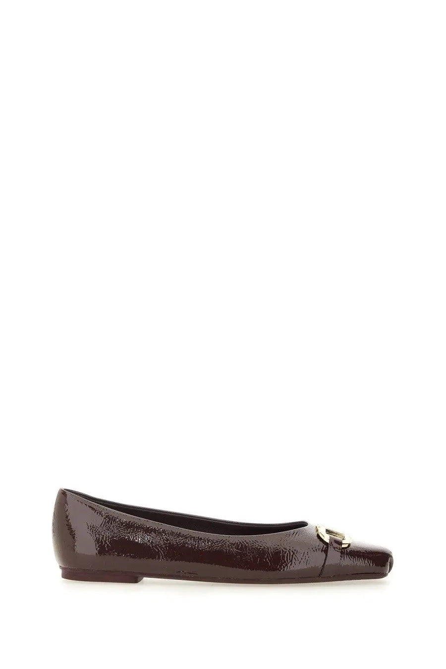 Ferragamo women’s brown patent leather ballet flat with gold-tone buckle detail at the toe