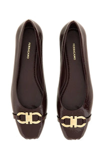 Ferragamo womens burgundy patent leather ballerinas with gold-tone gancini logo clasp for elegant wear