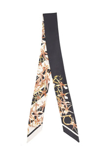 Black silk ferragamo women’s bandeau scarf with delicate gold and cream floral pattern and metallic logo detail