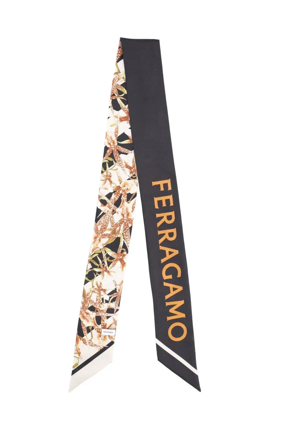 Ferragamo women’s bandeau silk scarf with black and gold logo stripe and cream bronze starfish pattern