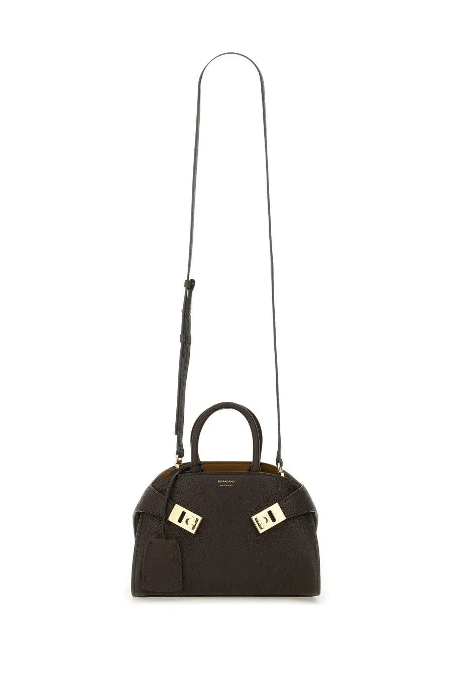 Ferragamo women’s borsa hug brown leather handbag with gold-tone hardware and long shoulder strap