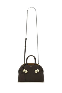 Ferragamo women’s borsa hug brown leather handbag with gold-tone hardware and long shoulder strap