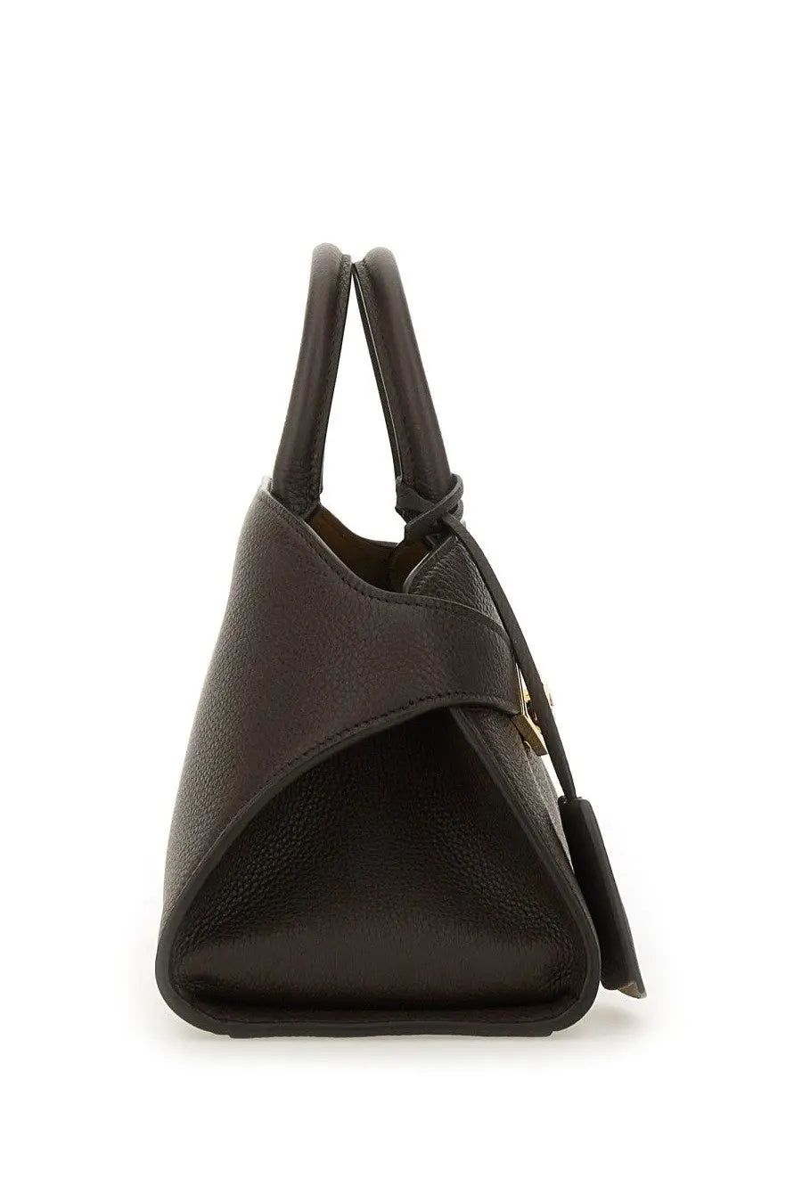 Dark brown leather Ferragamo women’s Borsa Hug handbag with structured design and gold tone hardware