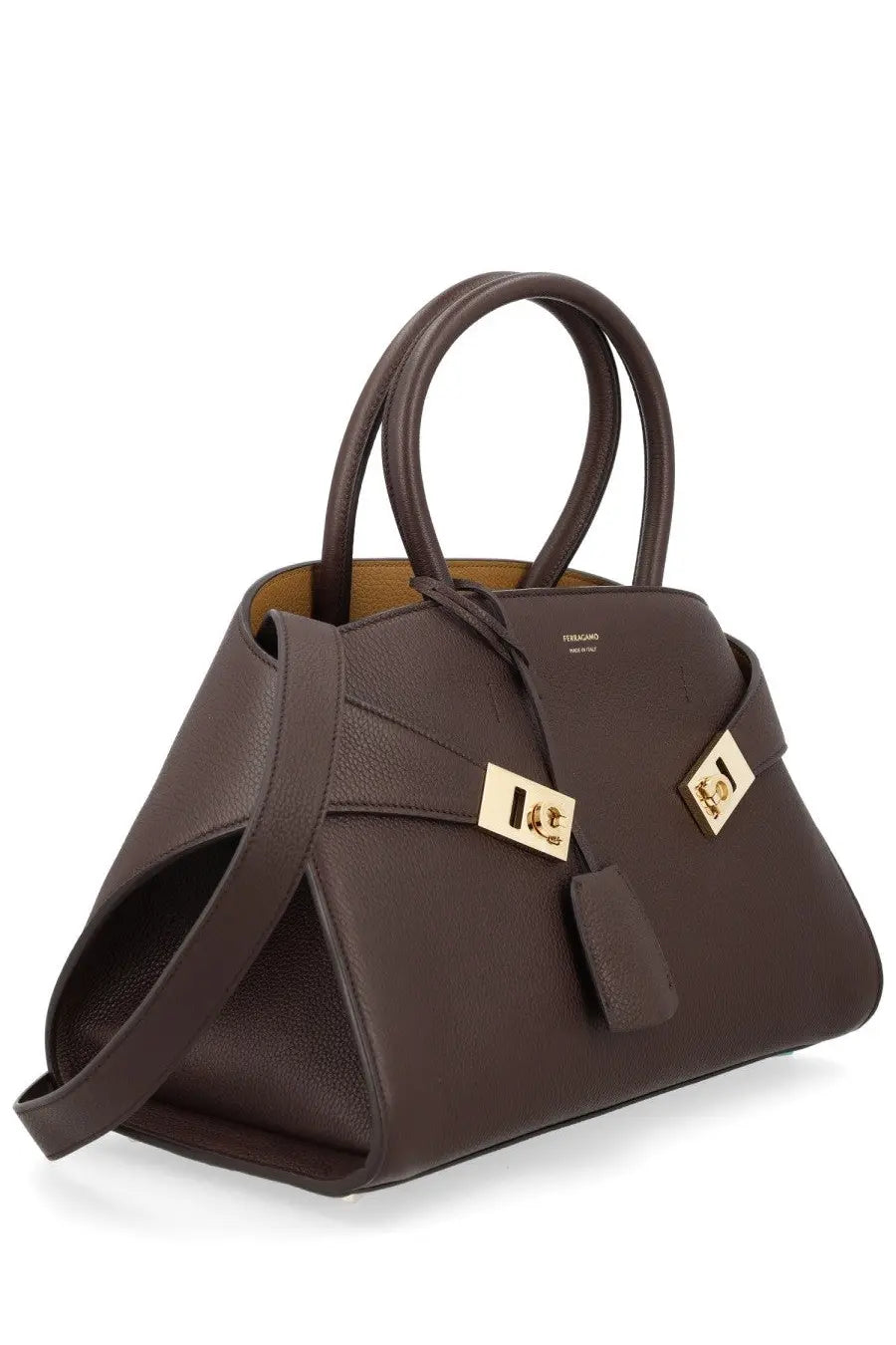Ferragamo womens borsa hug medium brown leather tournando handbag with gold tone hardware and structured design