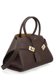 Ferragamo womens borsa hug medium brown leather tournando handbag with gold tone hardware and structured design