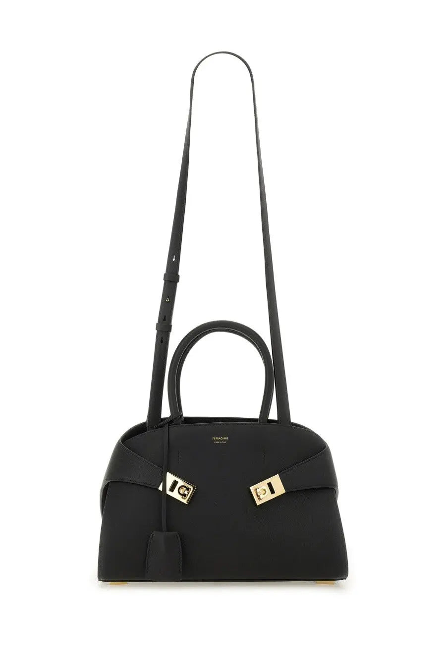 Ferragamo womens borsa tote hug black leather handbag with gold-tone hardware and structured minimalist design