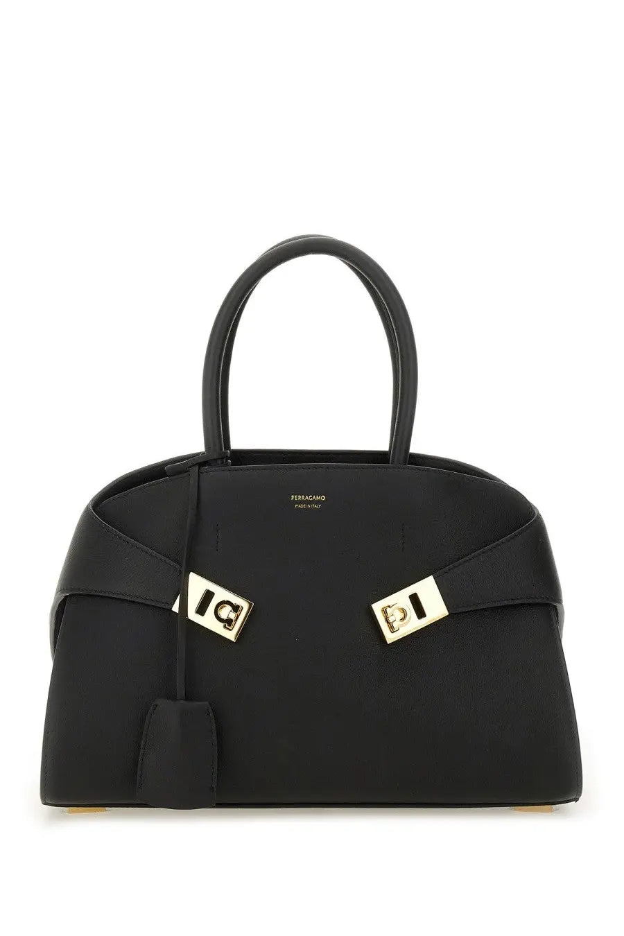 Ferragamo women’s borsa tote hug black leather handbag with gold-tone hardware and distinctive front clasp design