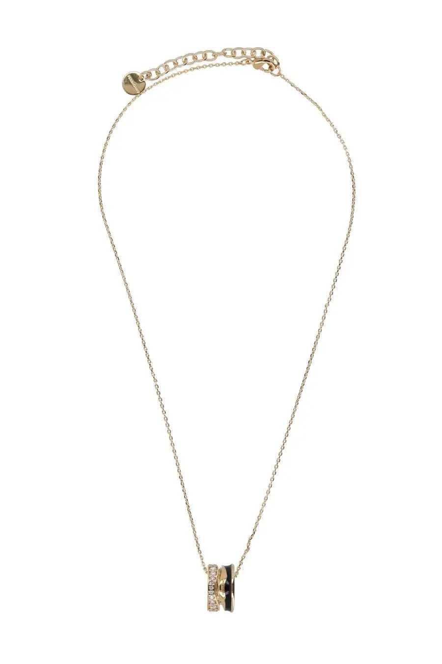 Ferragamo women’s gold-toned necklace with delicate chain and pendant featuring stacked rings with crystals and black detail