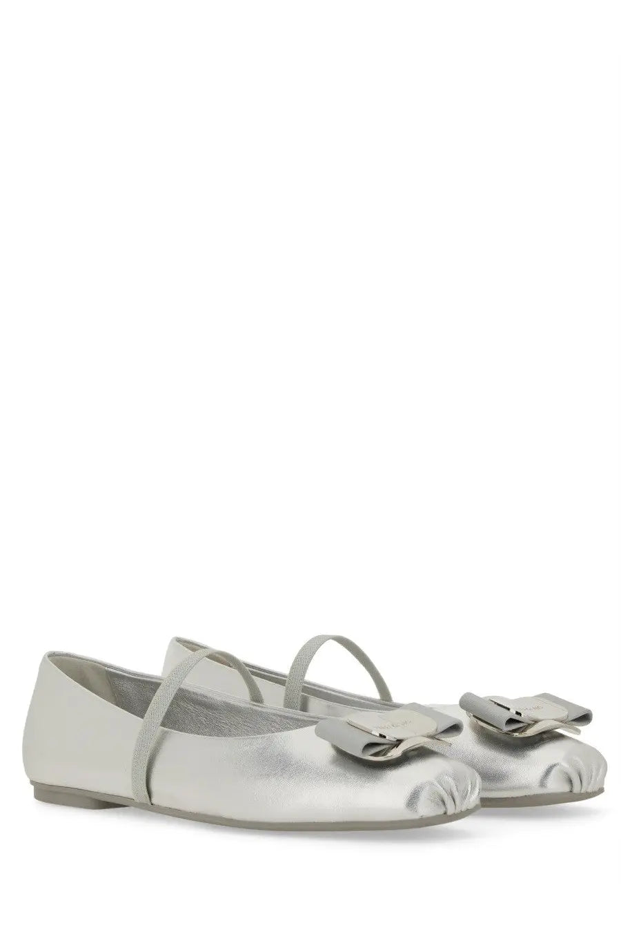 Ferragamo women’s dancer new vara silver metallic ballet flats with delicate ankle straps and matching bow accents