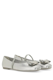 Ferragamo women’s dancer new vara silver metallic ballet flats with delicate ankle straps and matching bow accents