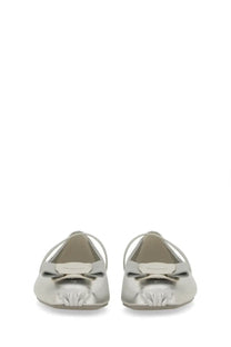Ferragamo women’s dancer new vara silver flat shoes in metallic leather with bow detail at the front