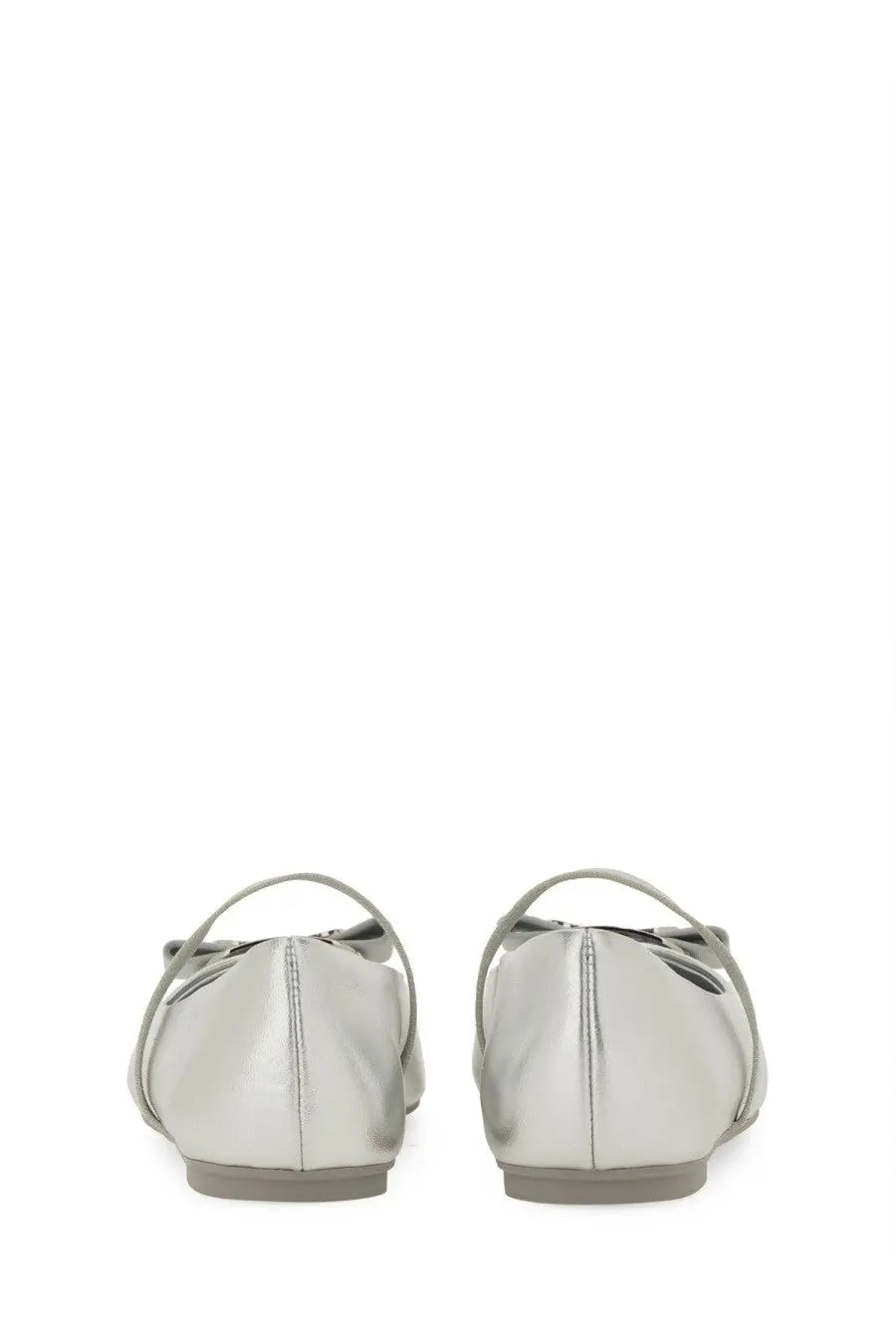 Back view of ferragamo women’s dancer new vara silver metallic flat shoes with bow detail on the back