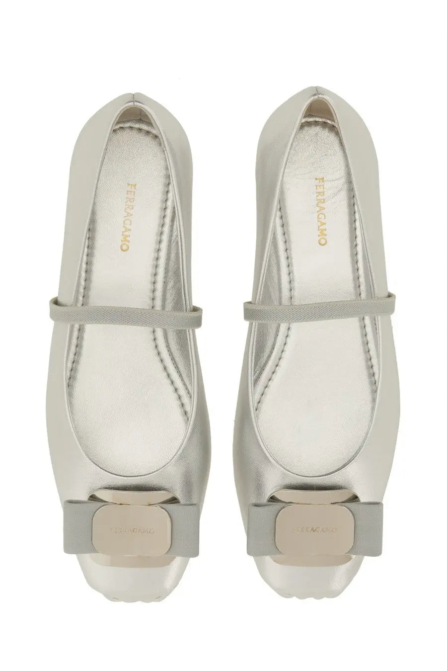 Ferragamo women’s dancer new vara silver flat shoes with silver metallic leather wide strap and rectangular buckle