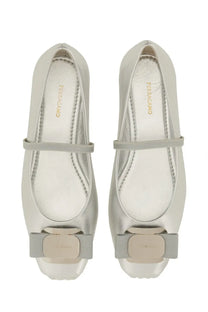 Ferragamo women’s dancer new vara silver flat shoes with silver metallic leather wide strap and rectangular buckle