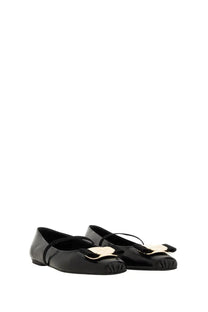 Ferragamo women’s dancer zina black patent leather ballet flats with gold-tone bow and black elastic strap