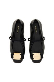 Ferragamo women’s dancer zina black patent leather flats with gold-tone rectangular buckle and matching strap