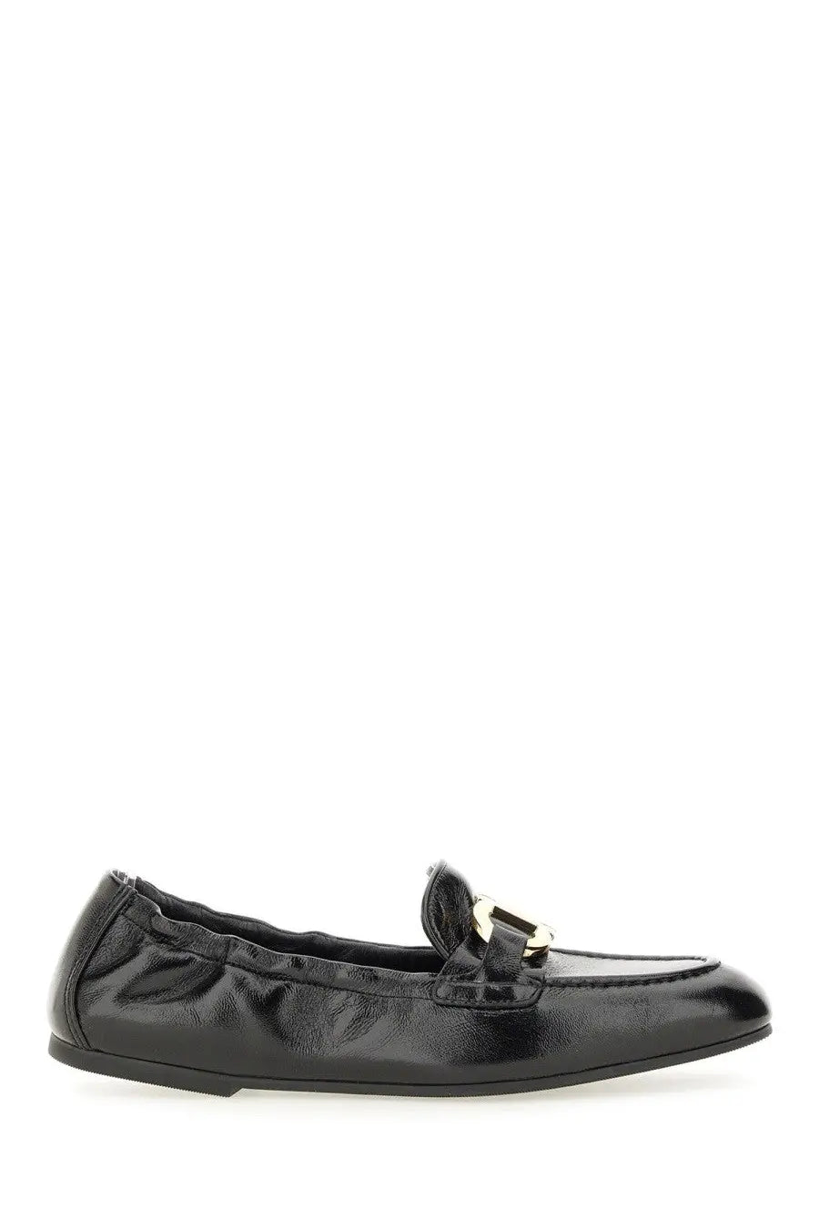 Ferragamo women’s deconstructed loafer black patent leather with gold-tone buckle accent in front view