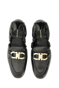 Ferragamo women’s deconstructed loafer black patent leather with gold-tone double f logo buckle on top
