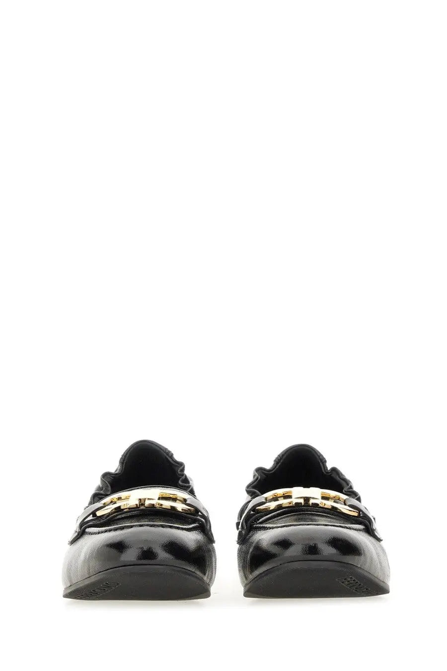 Ferragamo women’s deconstructed black patent leather loafers with gold-tone t-monogram buckles