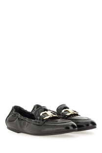 Ferragamo womens deconstructed loafer black black patent leather with gold tone metal buckles and low heel