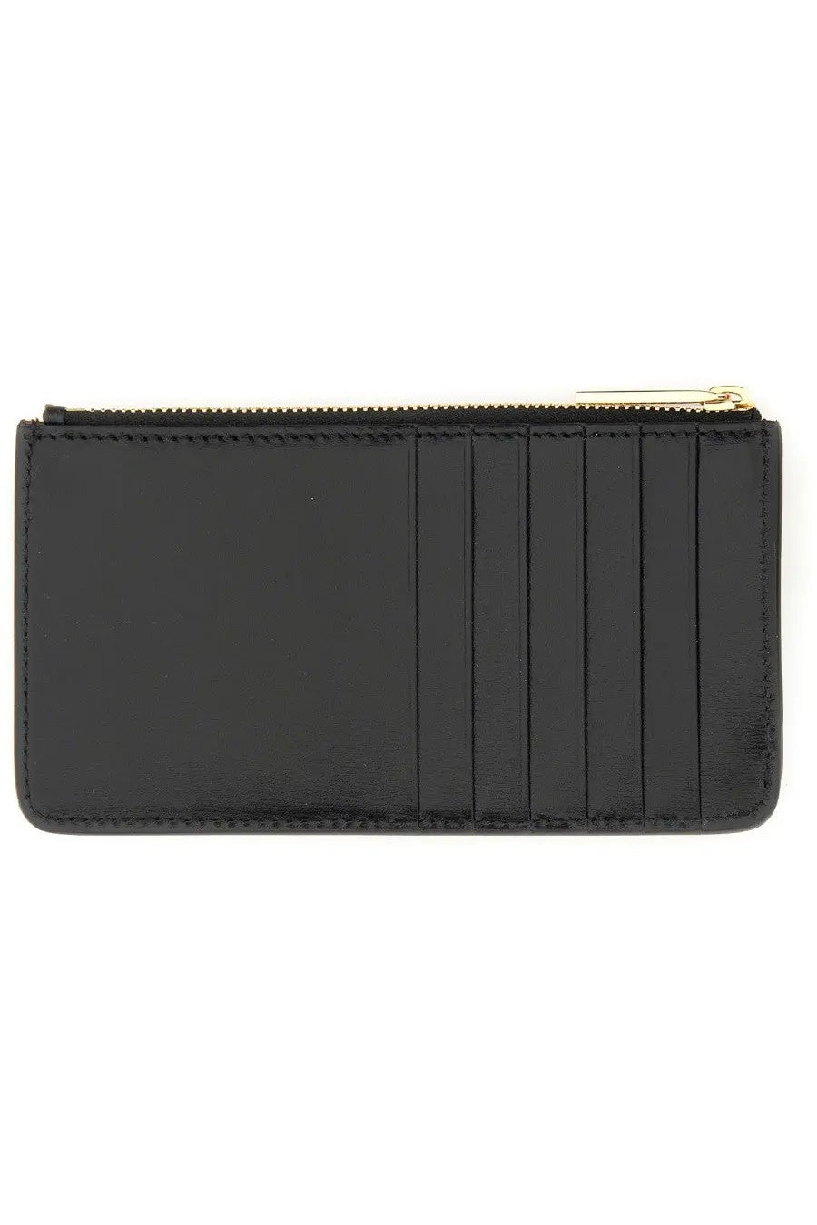 Ferragamo women’s gancini black leather cardholder with gold-tone zipper and vertical stitched compartments