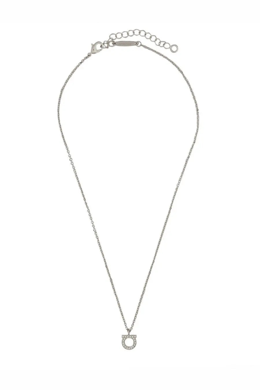 Ferragamo womens silver chain necklace with circular pendant adorned with sparkling stones in silver tone