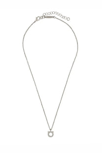 Ferragamo womens silver chain necklace with circular pendant adorned with sparkling stones in silver tone