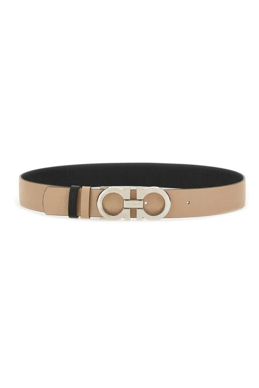 Beige leather Ferragamo women’s Gancini reversible belt with silver-toned double-g buckle and black inner lining