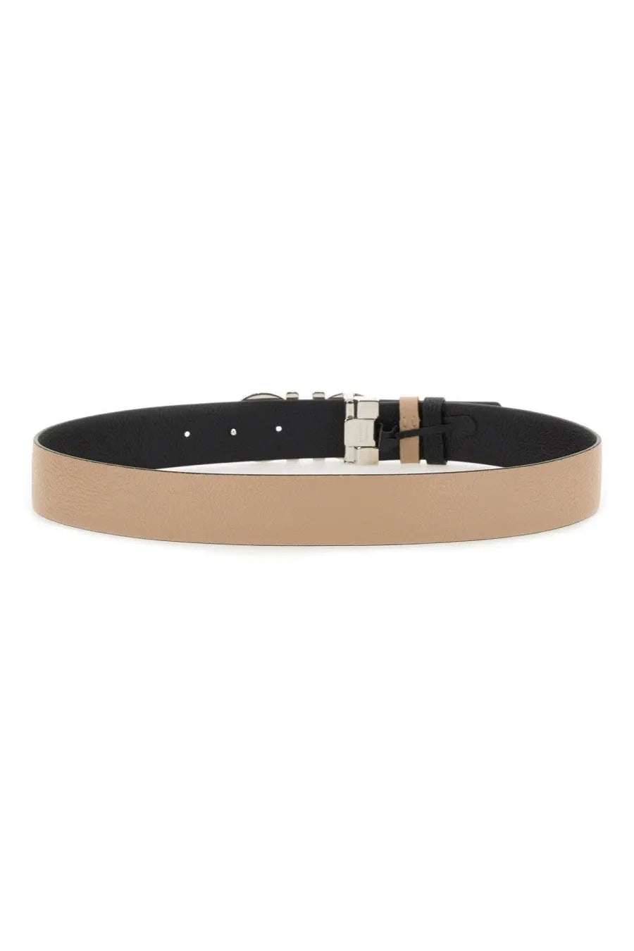 Beige leather Ferragamo women’s Gancini reversible belt with sleek silver-toned buckle and black inner lining