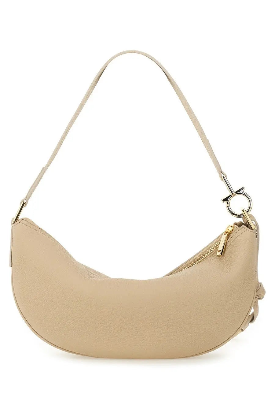 Ferragamo women’s hobo bag beige made of leather with gold-tone hardware and detachable strap crescent shape shoulder bag